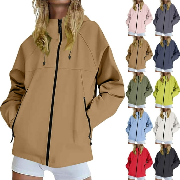 Waterproof Hooded Jackets for Women Casual Solid Color Winter Autumn Outdoor Windbreaker Jacket with Zipper Pockets Loose Fit Sports Coat Hiking Travel Plus Size Available