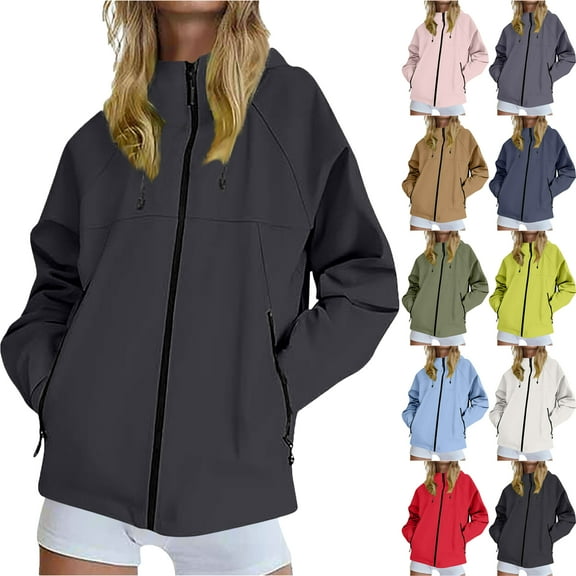 Waterproof Hooded Jackets for Women Casual Solid Color Winter Autumn Outdoor Windbreaker Jacket with Zipper Pockets Loose Fit Sports Coat Hiking Travel Plus Size Available