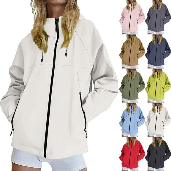 Waterproof Hooded Jackets for Women Casual Solid Color Winter Autumn Outdoor Windbreaker Jacket with Zipper Pockets Loose Fit Sports Coat Hiking Travel Plus Size Available