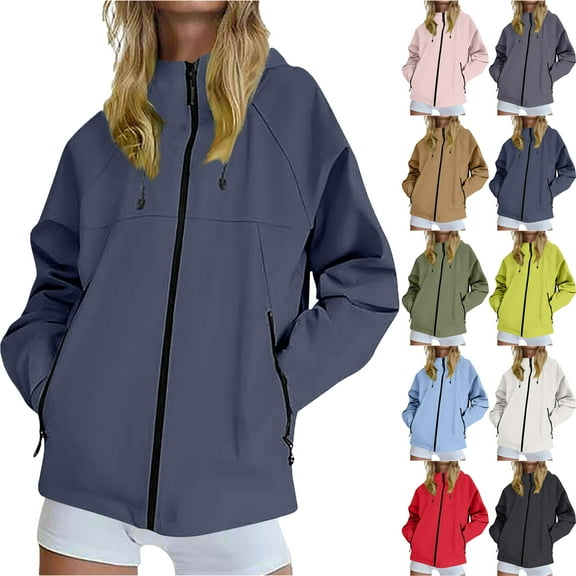 Waterproof Hooded Jackets for Women Casual Solid Color Winter Autumn Outdoor Windbreaker Jacket with Zipper Pockets Loose Fit Sports Coat Hiking Travel Plus Size Available
