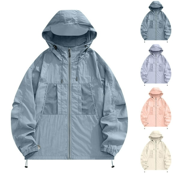 Waterproof Hooded Jackets for Women with Hood,Sriper Breathable Long Raincoat ,for Golf Hiking Travel Windbreaker ,Work Clothes office Casual Shirts Cotton,Preppy Clothes Dressy, Sky Blue 2X