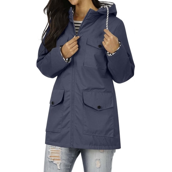 Waterproof Hooded Jackets for Women Long Sleeve Active Raincoat with Pockets Outdoor Windbreaker Casual Jacket Navy, 3XL