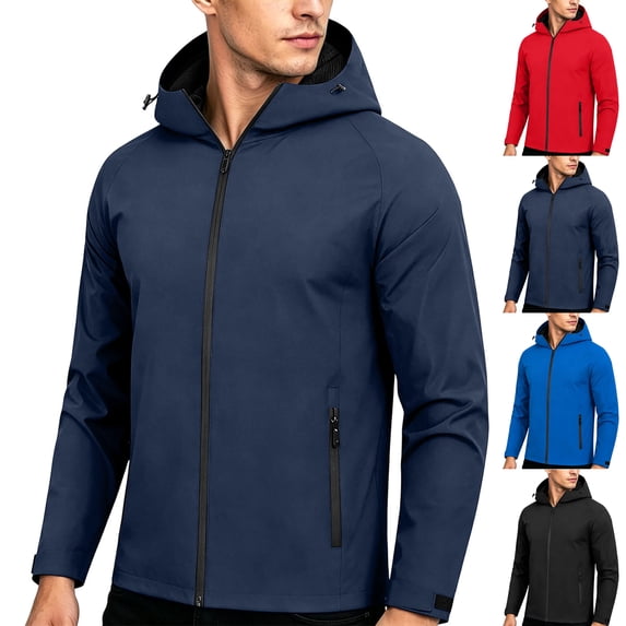 Waterproof Hooded Rain Jacket for Men,Lightweight Full Zip Windbreaker Outdoor Hiking Coat with Front Pockets and Adjustable Cuffs