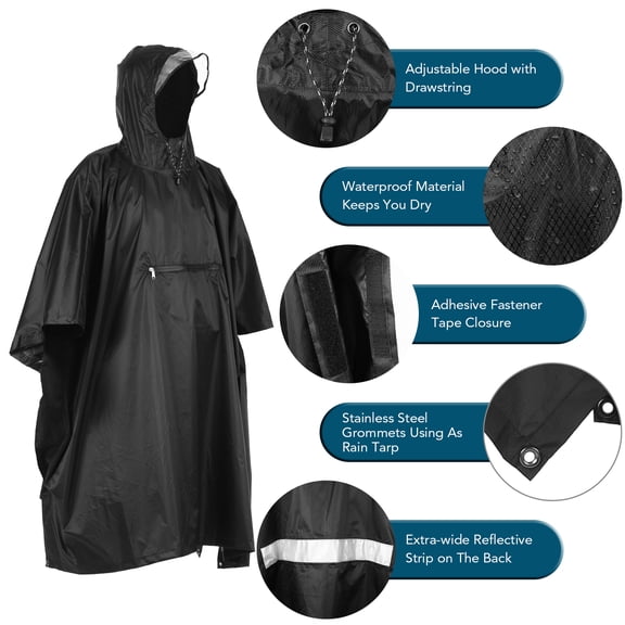 Waterproof Hooded Rain Poncho Jacket Multi Functional Lightweight Raincoat with Zipper Pocket Extra Wide Reflective Strip for Outdoor Camping Hiking Fishing Backpacking 55 x 43 inches / 140 x 110 cm