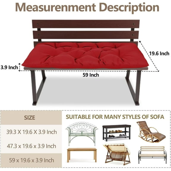 Waterproof Indoor Outdoor Garden Cushions Thicken Soft Rocking Chairs Pad Lounger for Porch Wicker Loveseat Settee (59 X 19.6 in,Red)