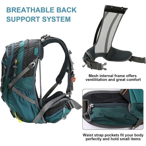 Waterproof Internal Frame Backpacking Hiking Backpack with Suspension System & Rain Cover for Men Women, Small Travel Backpack, Green