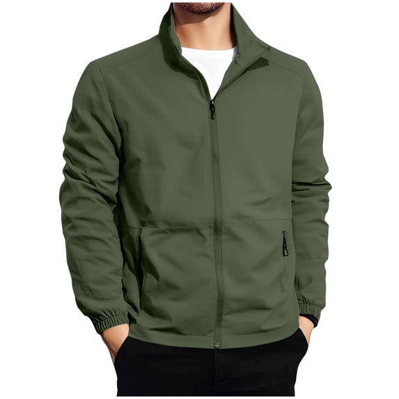 Qiggri Men's Casual Solid Color Long Sleeve Stand-Up Collar Zipper Pocket Jacket