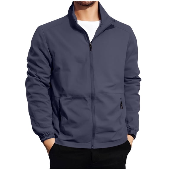 Qiggri Men's Casual Solid Color Long Sleeve Stand-Up Collar Zipper Pocket Jacket