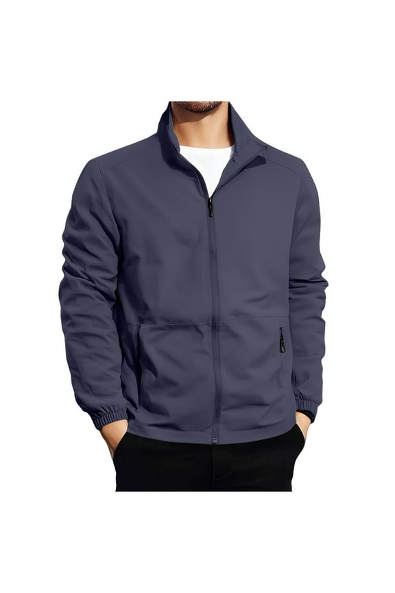 Waterproof Jacket Qiggri Men's Casual Solid Color Long Sleeve Stand-Up Collar Zipper Pocket Jacket