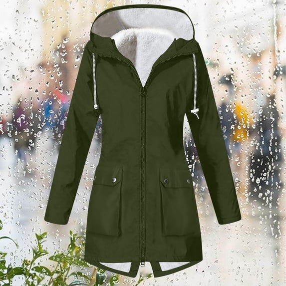 Waterproof Jacket Women Outdoor Waterproof Fleece Lined Jacket Hooded With Pockets Long Sleeve Hooded Casual Jacket For Cold Wet Weather Women's Down Jacket