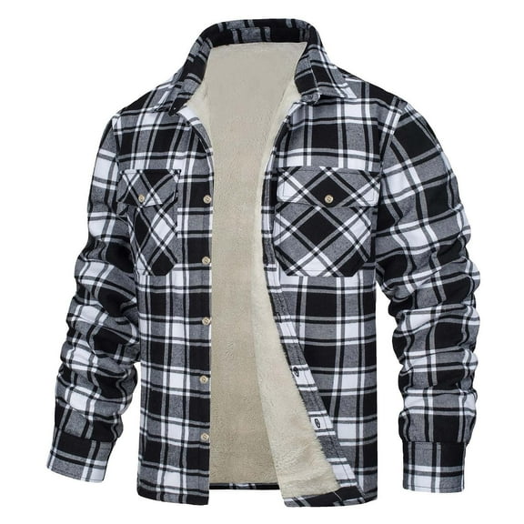 Waterproof Jackets For Men Fashion Casual Check Square Lapel Pocket Hoodless Fastening Clip Sherpa Jacket Men,Black,2XL