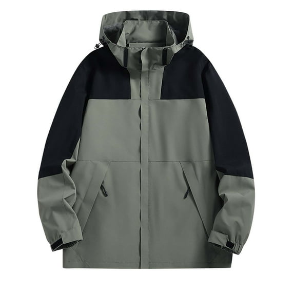 Waterproof Jackets Mens with Detachable Hood Patchwork Color Long Sleeved Zipper Pocket Coats Workwear Windproof Softshell Jacket,Winter Lightweight Warm Windbreaker for Outdoor Climbing
