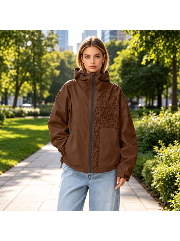 Waterproof Jackets for Women Casual Color Change Leopard Hooded Windbreaker Outdoor Daily Wear