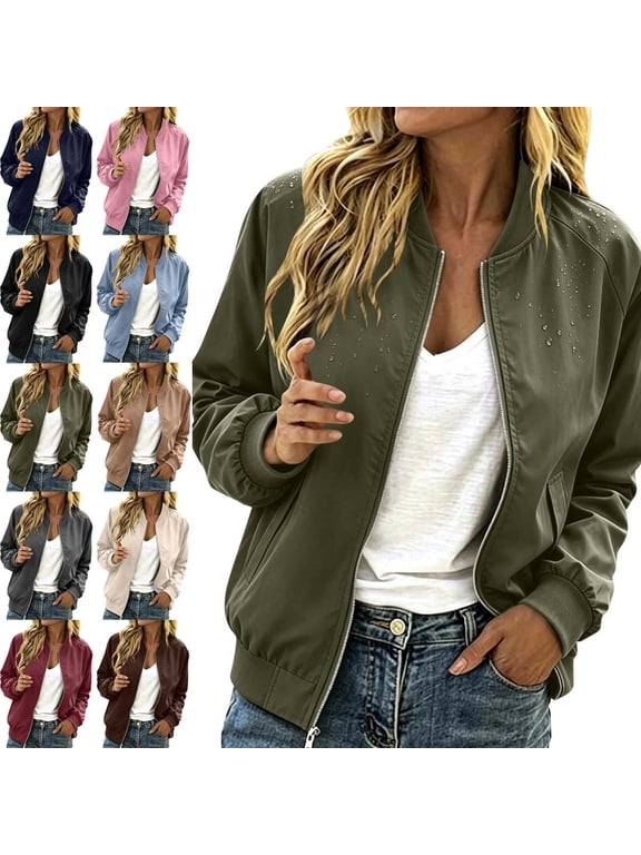 Waterproof Jackets for Women Lightweight Bomber Jacket with Ribbed Collar Fall Winter Outwear Jakcet Beige L