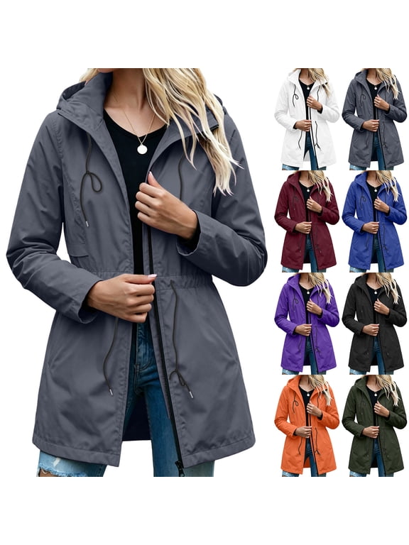Waterproof Jackets for Women, Long Sleeve Hooded Windbreaker Outerwear with Drawstring Waist & Pockets, Outdoor Travel Wear | VerBelle,Army Green M