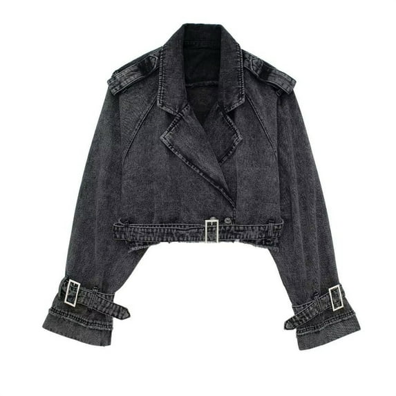 Waterproof Jackets for Women New Women's Casual Lapel Short Denim Trench Jacket Cropped Long Sleeve Jean Coat Fall Trendy Outerwear with Belt Black M
