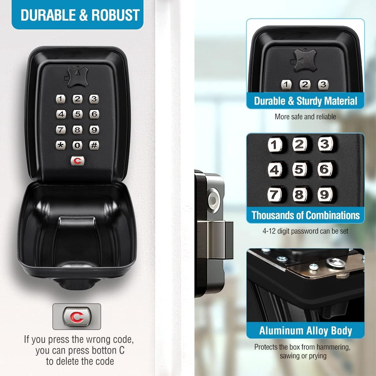 Waterproof Key Lock Box with Code, Extra Large Wall Mount Key Safe for Outdoor, 12-Digit Combination Key Storage Box