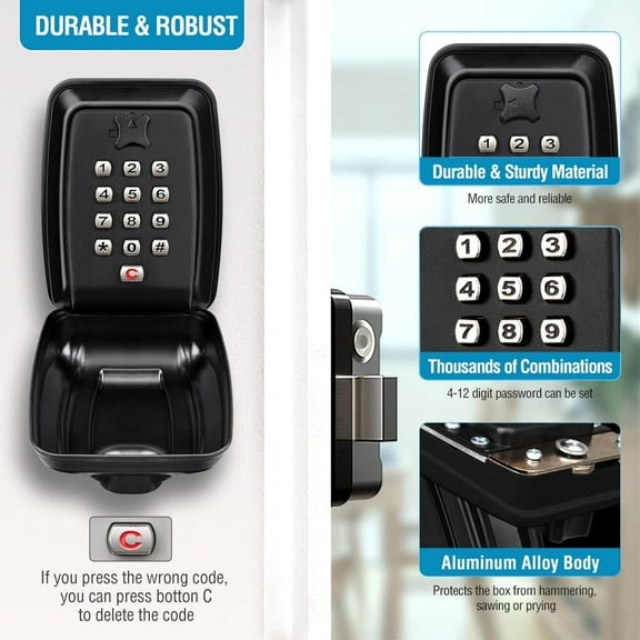 Waterproof Key Lock Box with Code, Extra Large Wall Mount Key Safe for Outdoor, 12-Digit Combination Key Storage Box