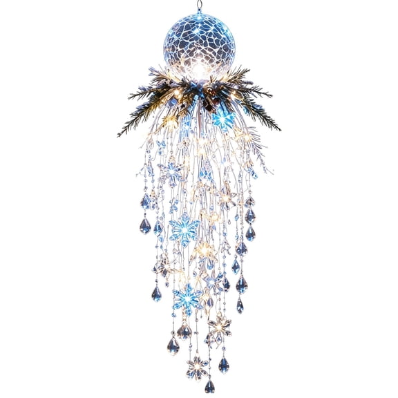 Waterproof LED Crystal Snowflake Waterfall Hanging Light, Icy Crackle Sphere Pendant, Winter Outdoor Christmas Frozen Theme Porch Decor