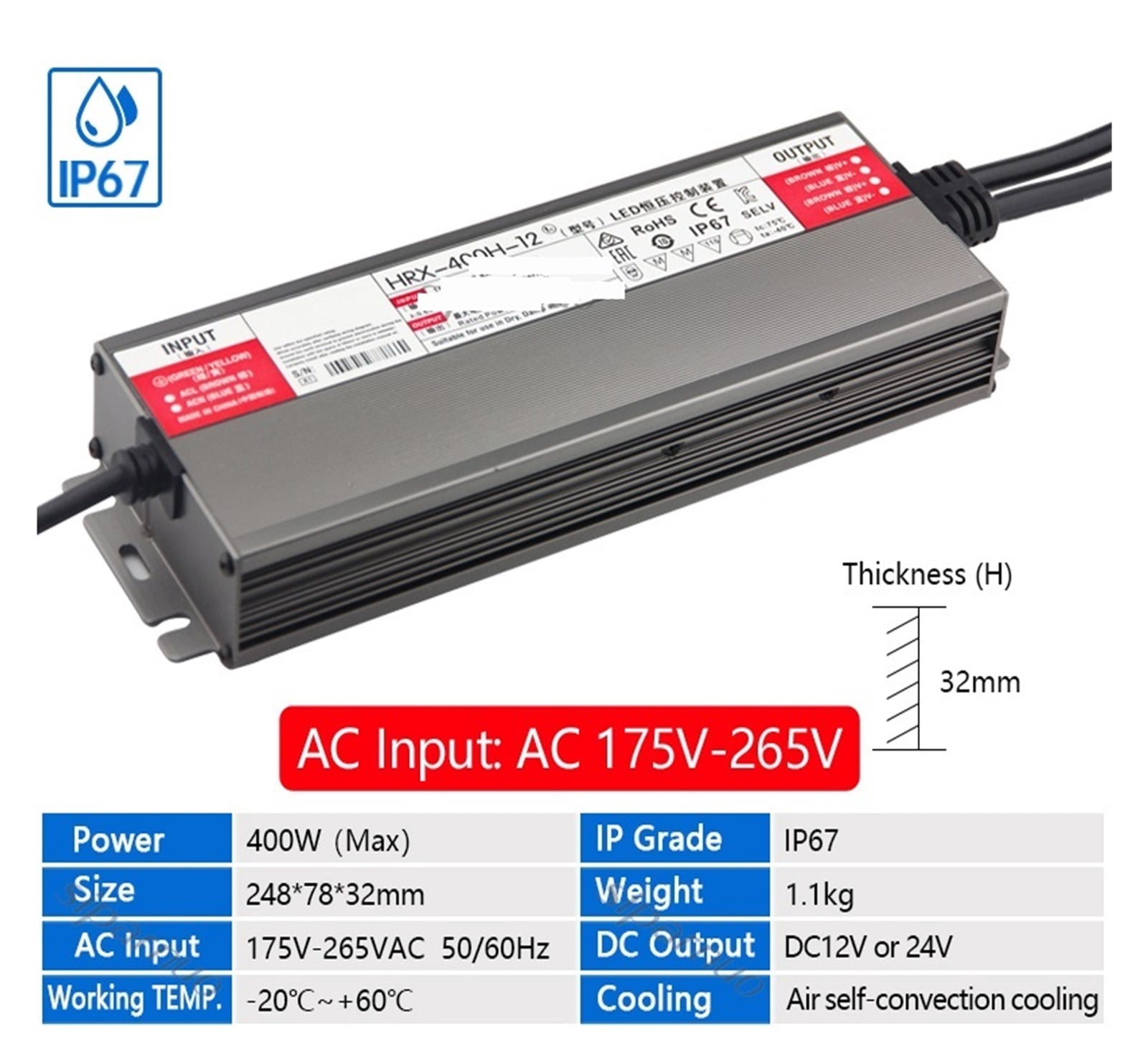 Waterproof LED Power Supply, Rainproof Lighting Transformers, 300W/400W AC 175-265 To DC 12V 24V Switch Transformer, Adapter LED Driver