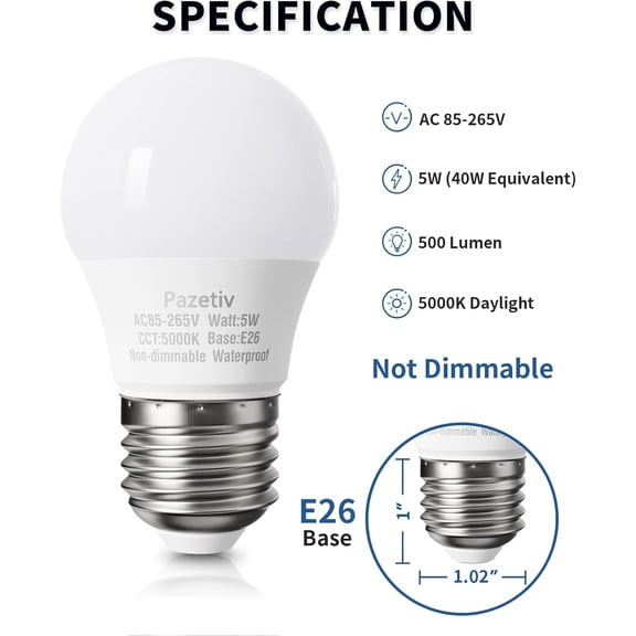 Waterproof LED Refrigerator Light Bulbs 40 watt Equivalent, 120V, Daylight 5000K, E26 Medium Base, Fridge Light Bulb, Freezer Bulb, A15 LED Appliance Bulb, Not Dimmable