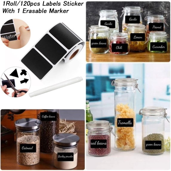 Waterproof Labels, Removable Labels, Adhesive Labels, Dry Erase, Chalkboard, Blackboard Sticker, Sticker Rolls, Black Dry Erase Marker, 120 Labels, 4X3 In, 1 Roll, 1 Marker,