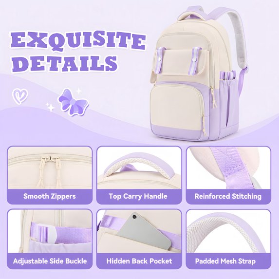 Waterproof Lightweight Big School Backpack for Campus Use, Breathable Padded Shoulder Strap College Bookbag with Independent Coin Purse Purple
