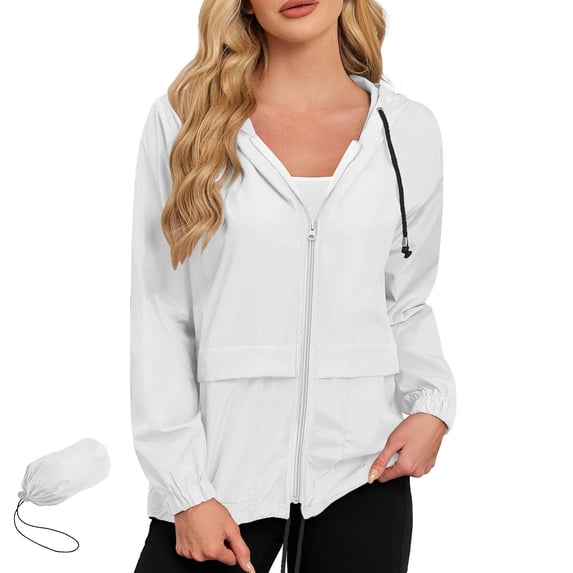 Waterproof Lightweight Jackets Women Packable Cycling Jacket with Pocket Rainproof Windproof Trench Coat Sports Raincoats Long Sleeve Loose Windbreak Outdoor Hooded Jacket White XL