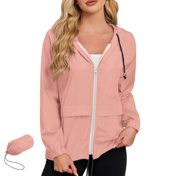 Waterproof Lightweight Jackets Women Packable Cycling Jacket with Pocket Rainproof Windproof Trench Coat Sports Raincoats Long Sleeve Loose Windbreak Outdoor Hooded Jacket Pink M