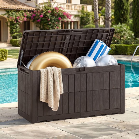 Waterproof Lockable Outdoor Deck Box, 100 Gal Storage for Tools, Cushions, and Pool Supplies, Dark Brown