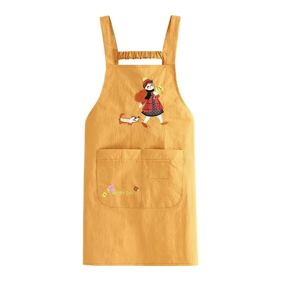 Waterproof Long Kitchen Apron, Cute Cartoon Girl & Dog Design Adjustable Bib Apron with Pockets for Cooking, Baking