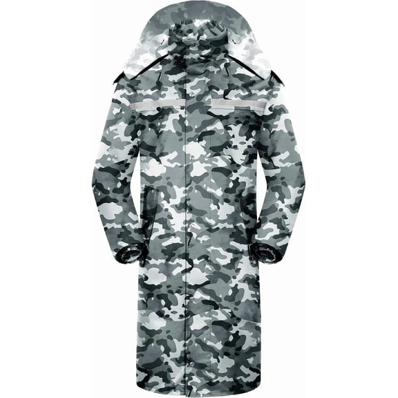 Waterproof Long Rain Jacket Lightweight Packable Hood Reflective Gray Camouflage Large