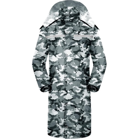 Waterproof Long Rain Jacket Lightweight Packable Hood Reflective Gray Camouflage X-Large