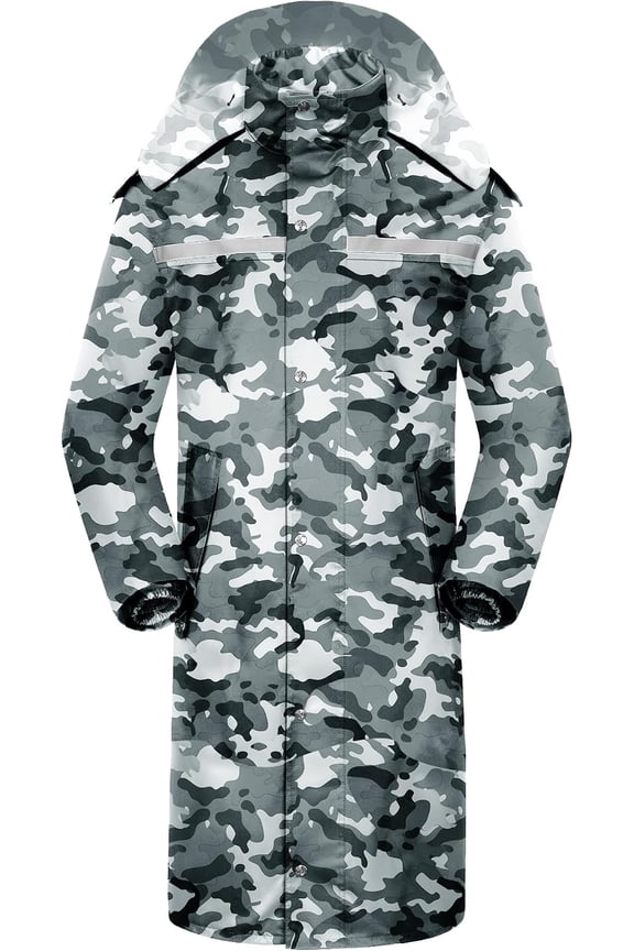 Waterproof Long Rain Jacket Lightweight Packable Hood Reflective Gray Camouflage XX-Large