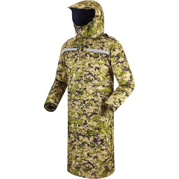 Waterproof Long Rain Jacket Lightweight Packable Hood Reflective for Men Women Adults Black and Green Camouflage Medium