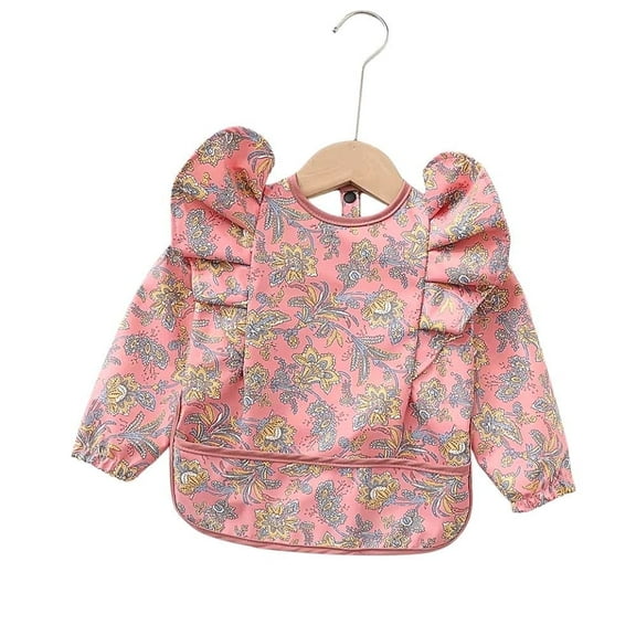 The Cuddly Fig - Waterproof Long Sleeve Ruffle Baby Bib with Pink Paisley Pattern, Small 6-18mos