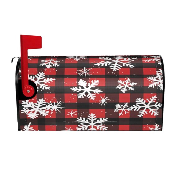 Waterproof Mailbox Cover Standard Size Uv Resistant Oxford Fabric Magnetic Closure Easy Install No Tools For Outdoor 21x18 In Snowflakes On The Red And Black Checkered Pattern