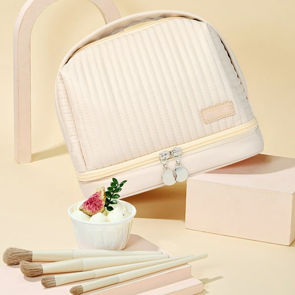 Waterproof Makeup Bag Travel Toiletry Organizer Wet Dry Separate Compartments Removable Brush Pouch PU Leather Cosmetic Storage Case for Women(Beige)