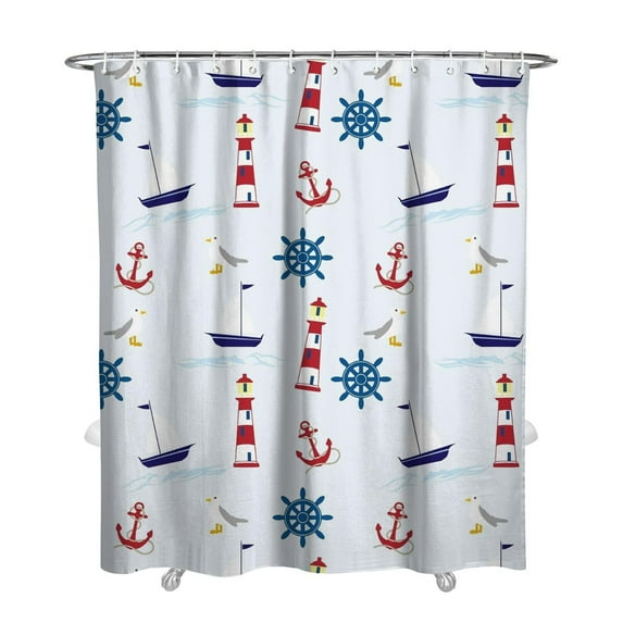 Waterproof Marine Bathroom Curtain 72x84in, Nautical Print with Anchors and Sailboats, Chun Yafang Polyester Fabric, Comes with 12 Hooks, Perfect for Vacation Home Bathroom