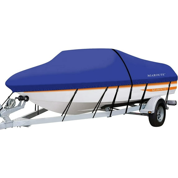 Waterproof Marine Grade Fabric Boat Cover,Fits V-Hull,Tri-Hull,Bass Boat Runabout Heavy Duty Canvas Boat Covers (600D-Blue, Model D: 23'-24' Length, Beam Width up to 102")