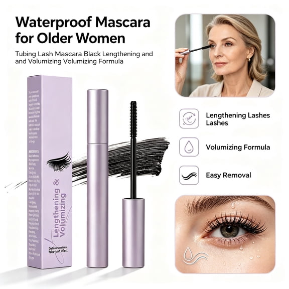 Waterproof Mascara for Older Women - Tubing Lash Mascara Black Lengthening and Volumizing Formula, Resistant Curling Eye Makeup with Lightweight Wear, Easy Removal for Thin Short Straight Lashes