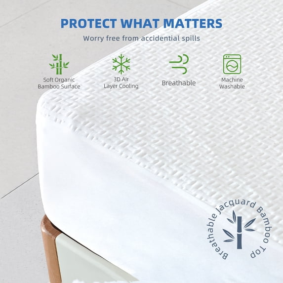 Waterproof Mattress Protector, Breathable Cooling Bamboo 3D Air Fabric Mattress Cover, Soft Noiseless Bed Cover, Machine Washable, 8-21'' Deep Pocket Twin XL (College Dorm Size)