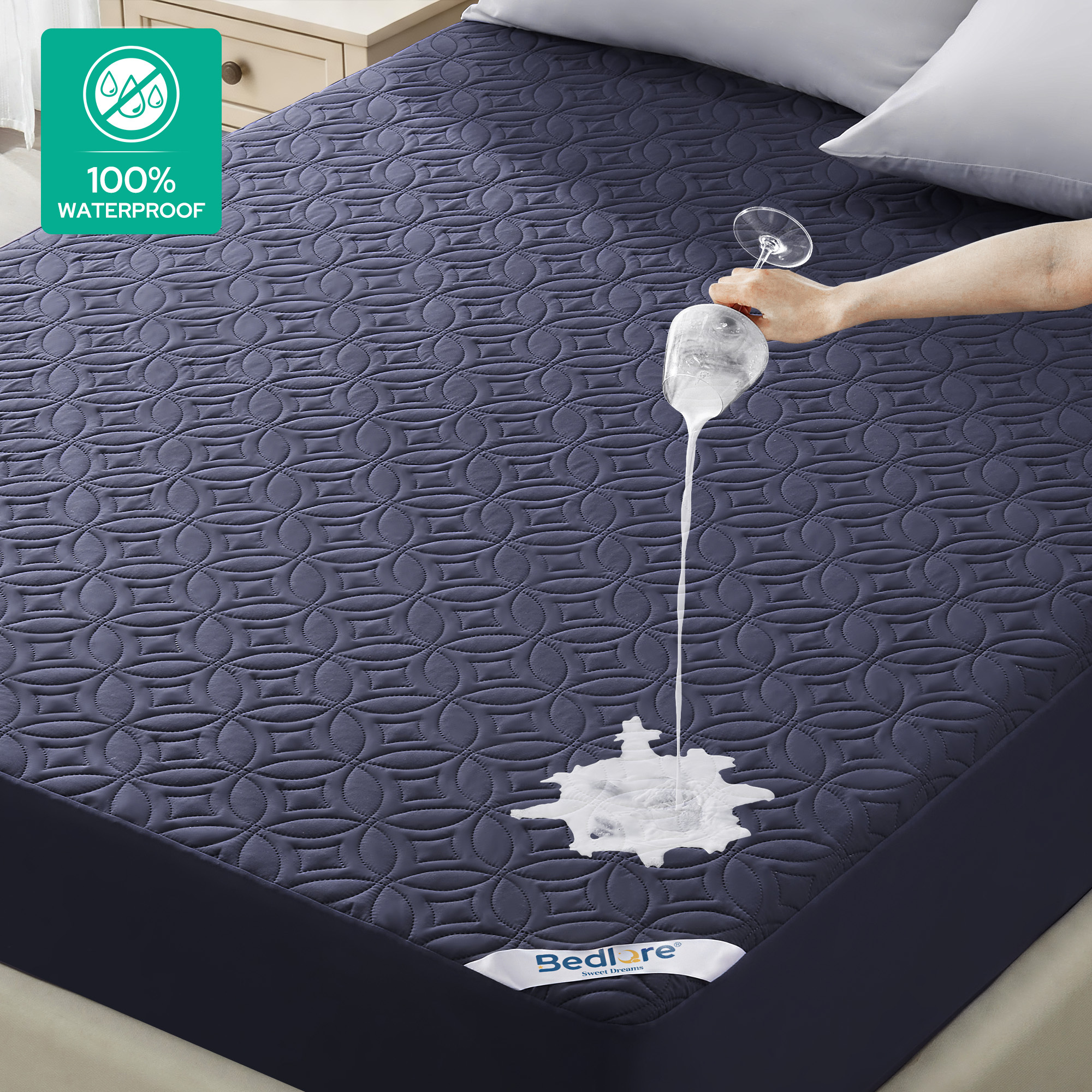 Waterproof Mattress Protector, King Size Mattress Pad, Breathable Mattress Cover Washable with 6''-18'' Deep Pocket, Soft & Comfortable (Navy Blue)