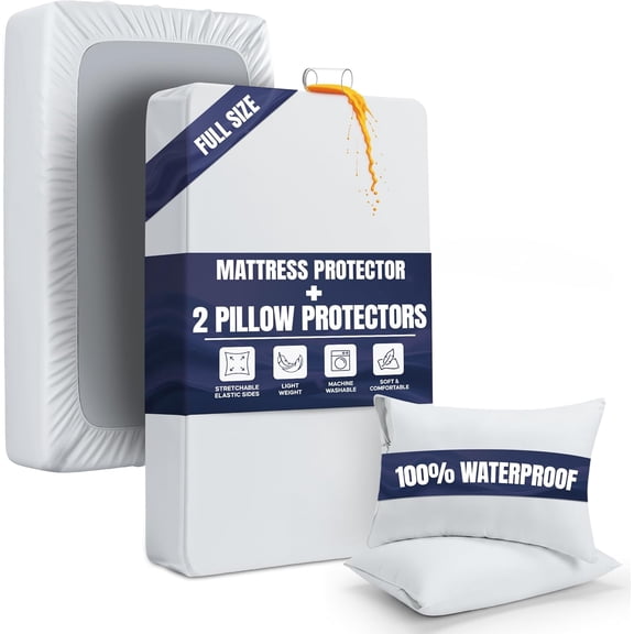 Waterproof Mattress Protector and Pillow Cases, Full Size, Includes +2 Zippered Pillow Protectors and 1 Mattress Cover Set, Fitted Sheet Style Deep Pockets with All Around Elastic