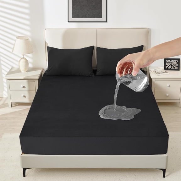 Waterproof Mattress Protector Queen Size, Noiseless Mattress Coer with 18" Deep Pocket, Bed Bug Proof and Waterproof Fitted Sheets, Machine Washable Mattress Protectors Black
