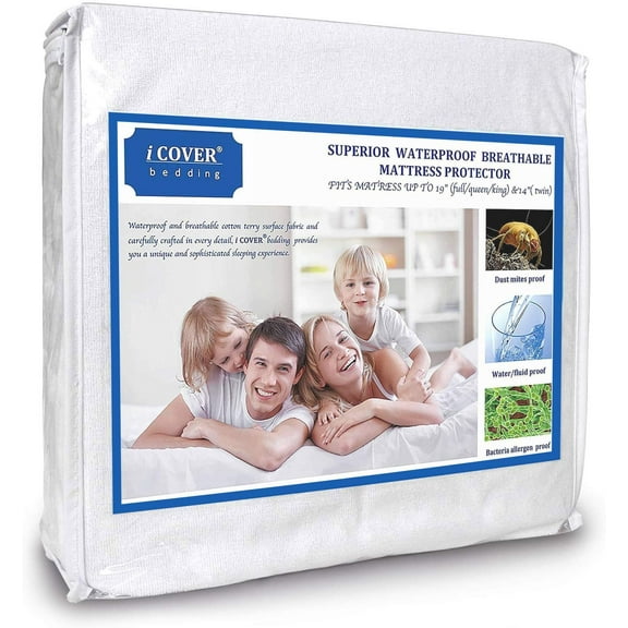 Waterproof Mattress Protector, iCover Five-Sided Breathable Mattress Cover with Elastic Band (For Full Size Bed)