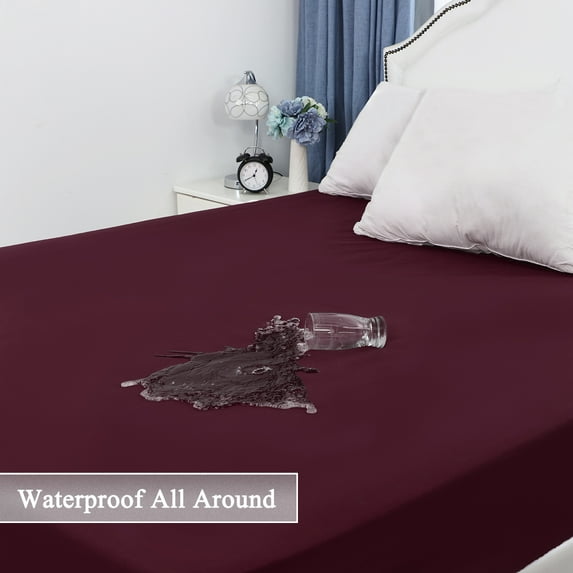Waterproof Mattress Protector on Five Sides Brushed Microfiber Bed Cover Pad Burgundy King