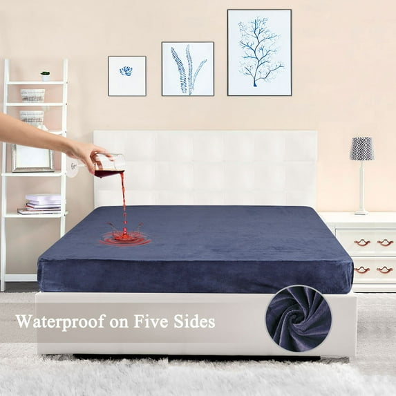 Waterproof Mattress Protector with Five-sides TPU Membrane Layer Crystal Velvet Steel Blue King