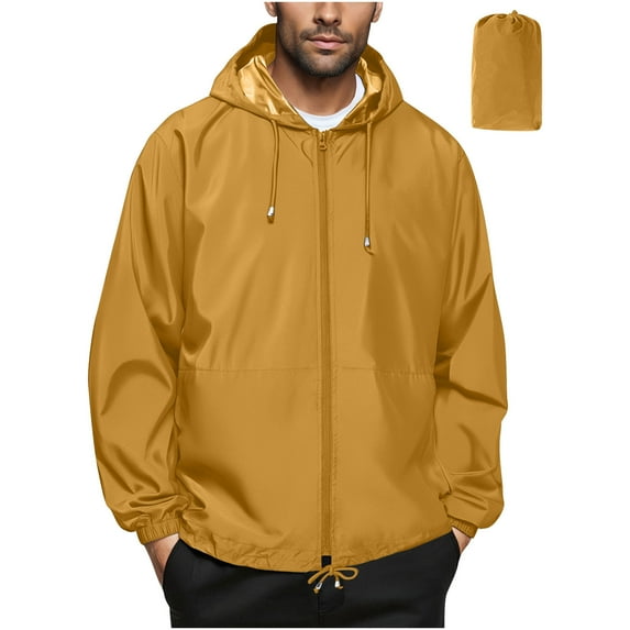 Waterproof Men Jacket Yellow Zip Up Hood Rain Jacket Long Sleeve Casual Packable Windbreaker Mens Clothes