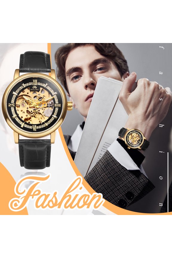 Waterproof Men's Luxury Automatic Mechanical Skeleton Genuine Leather Wristwatch